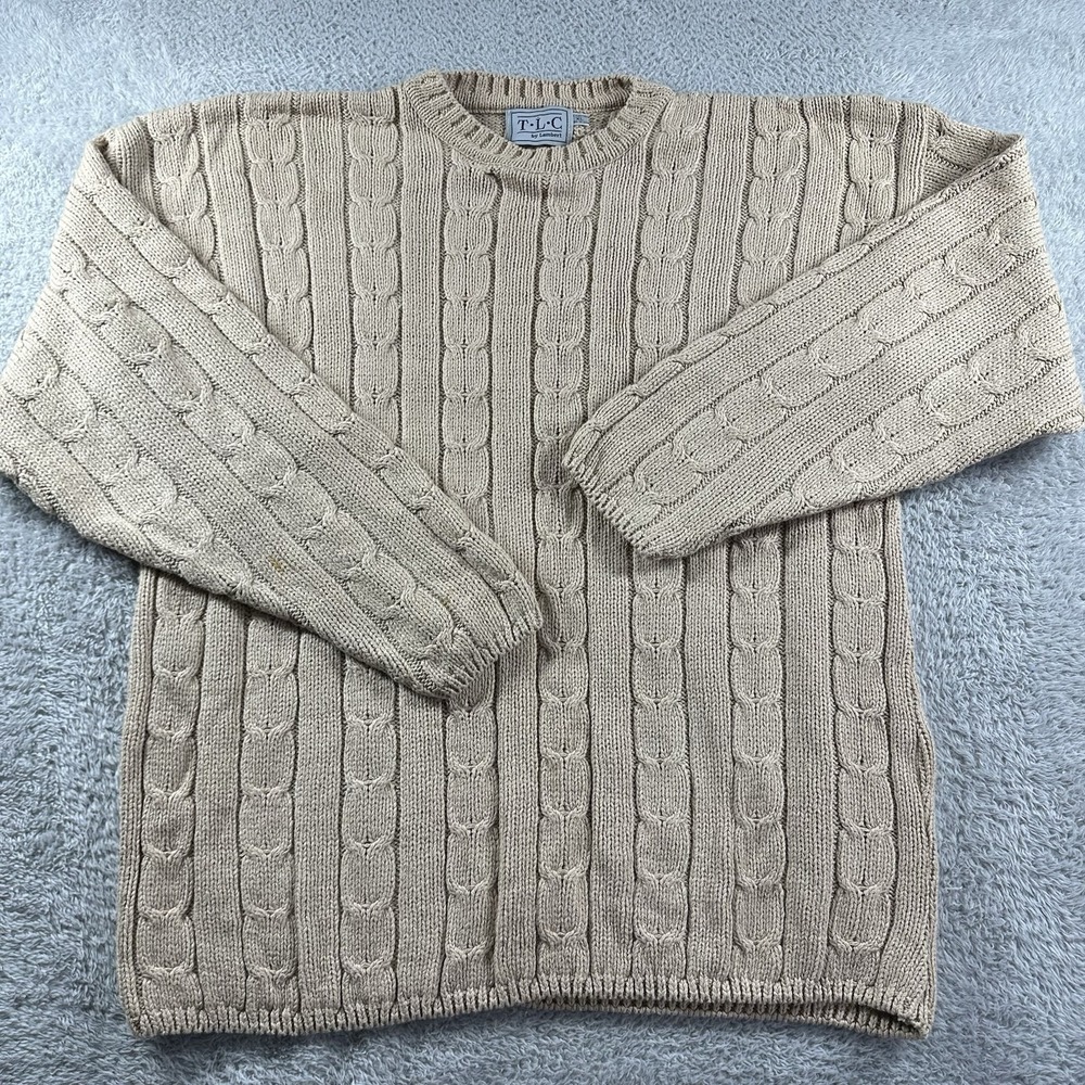 VINTAGE Fisherman Cable Knit‎ Sweater Mens XL Beige Earth Tones Heavyweight USA